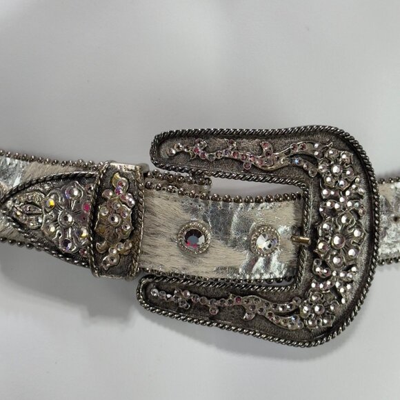 LEATHEROCK Womens Silver Metallic Belt Crystal Embellished Buckle & Studs 34M - Picture 8 of 13